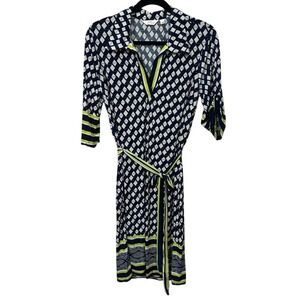 Mlle Gabrielle Blue and White‎ Sheath Dress V-Neck 3/4 Sleeve Collared Diamond